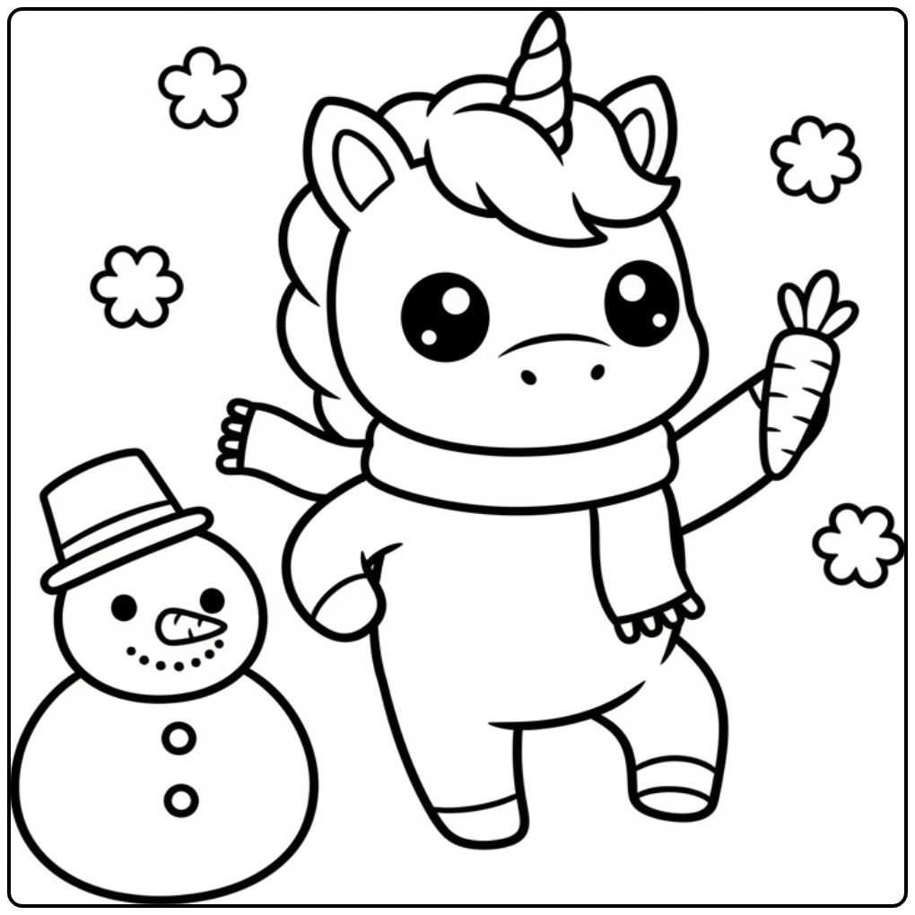 Amigos numa cena de inverno com um kawaii unicórnio para colorir.