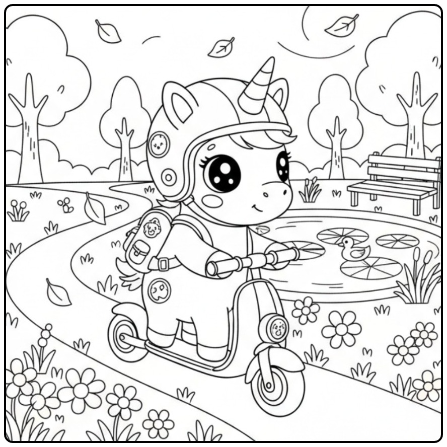 Um fofo kawaii unicórnio para colorir passeando em seu patinete.