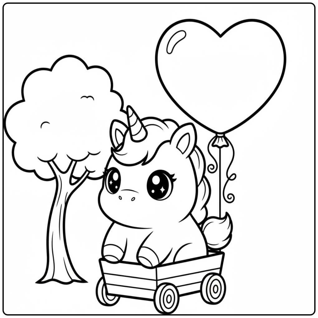 Um fofo kawaii unicórnio para colorir segurando um balão grande.