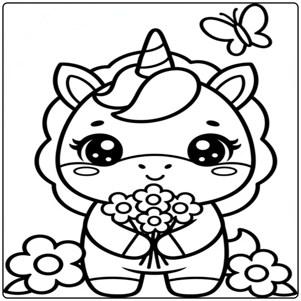 Um adorável kawaii unicórnio para colorir segurando flores.
