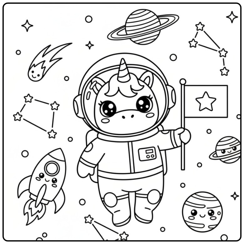 Um fofo kawaii unicórnio para colorir vestido de astronauta.