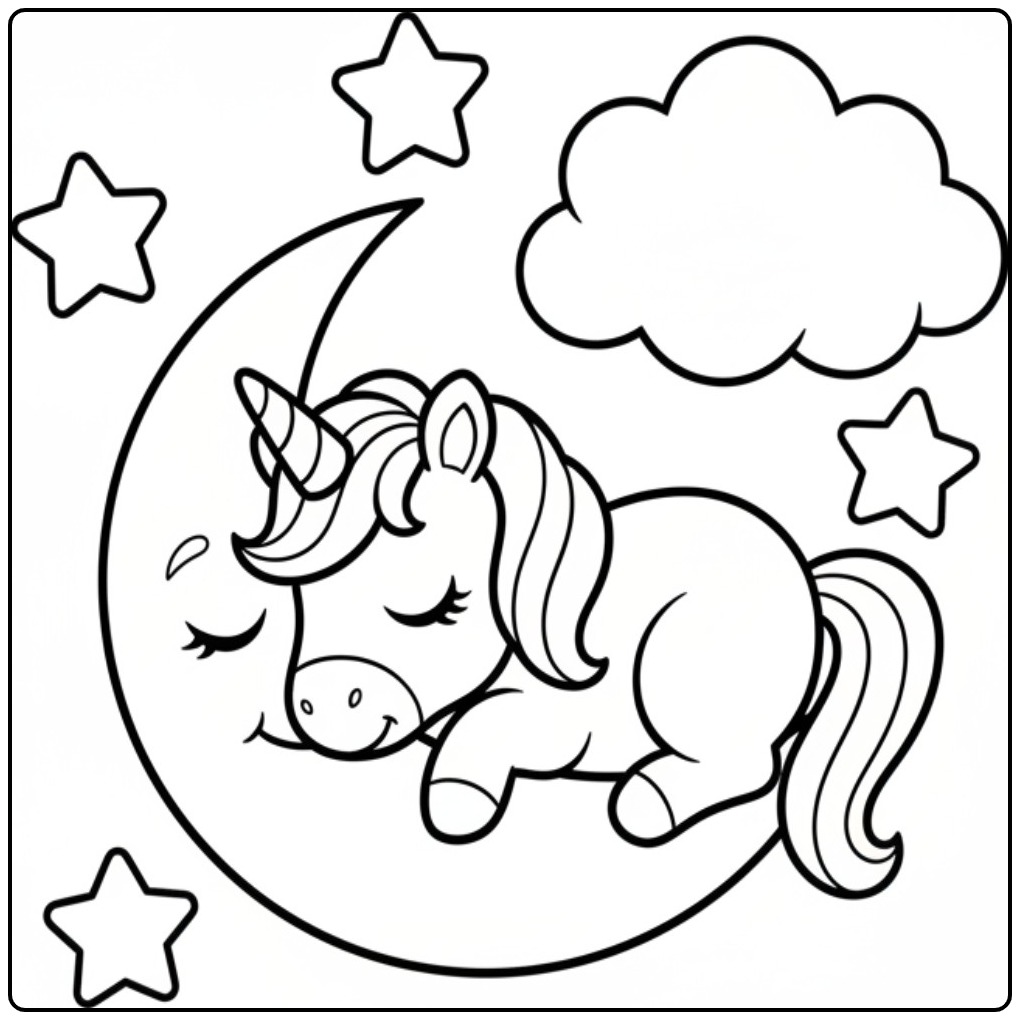 Um lindo kawaii unicórnio para colorir em uma cena de ninar.