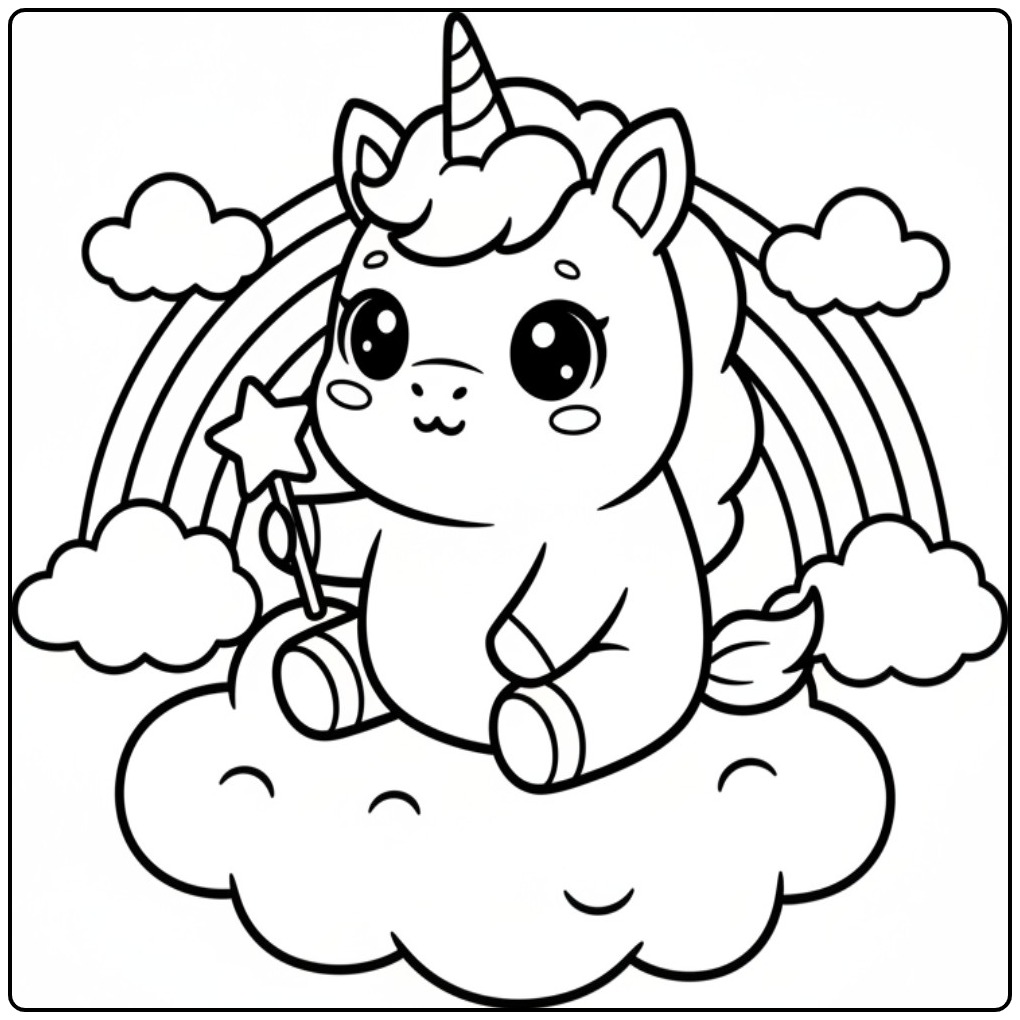 Um fofo kawaii unicórnio para colorir com uma varinha e arco-íris.