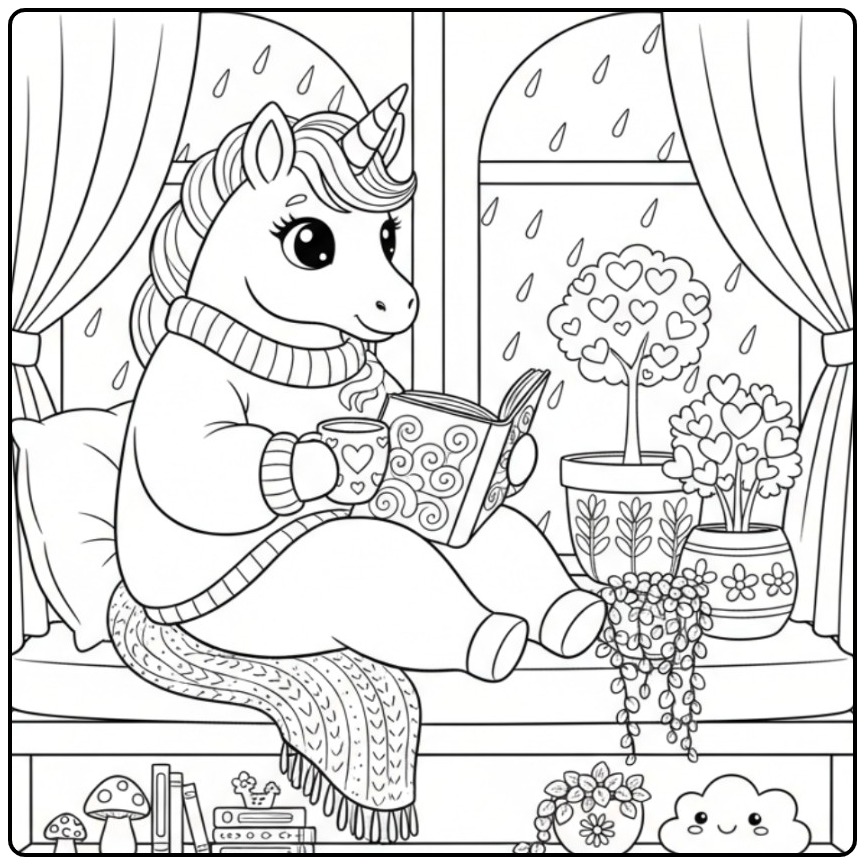 Uma cena fofa de um kawaii unicórnio para colorir lendo um livro.