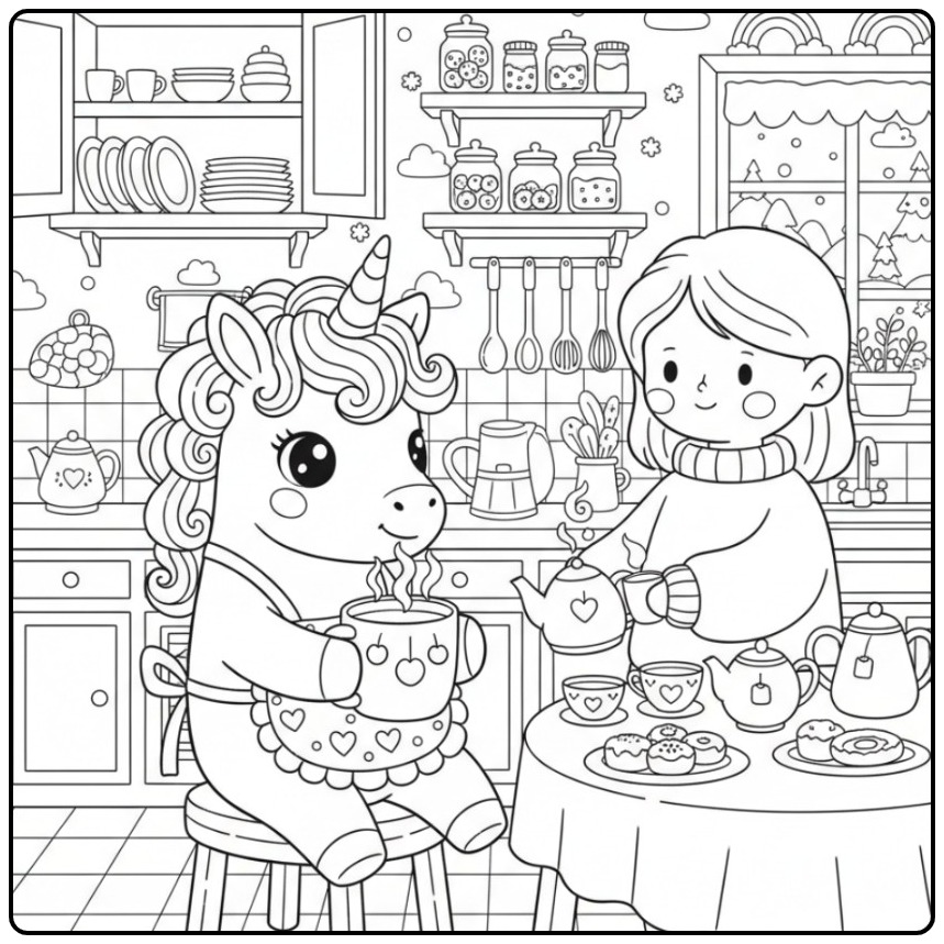 Um fofo kawaii unicórnio para colorir esperando sua bebida.