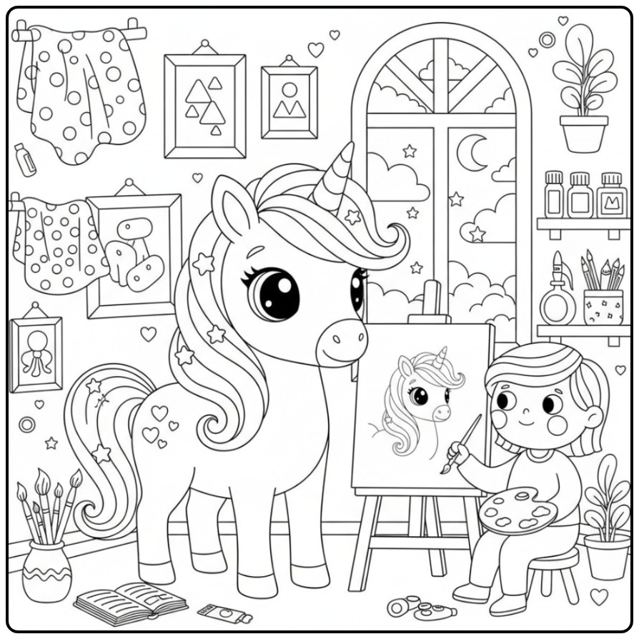 Um adorável kawaii unicórnio para colorir posando em um estúdio.