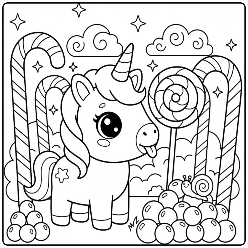 Um fofo kawaii unicórnio para colorir em um mundo de doces.