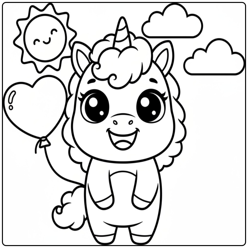 Um adorável kawaii unicórnio para colorir com sol sorridente.