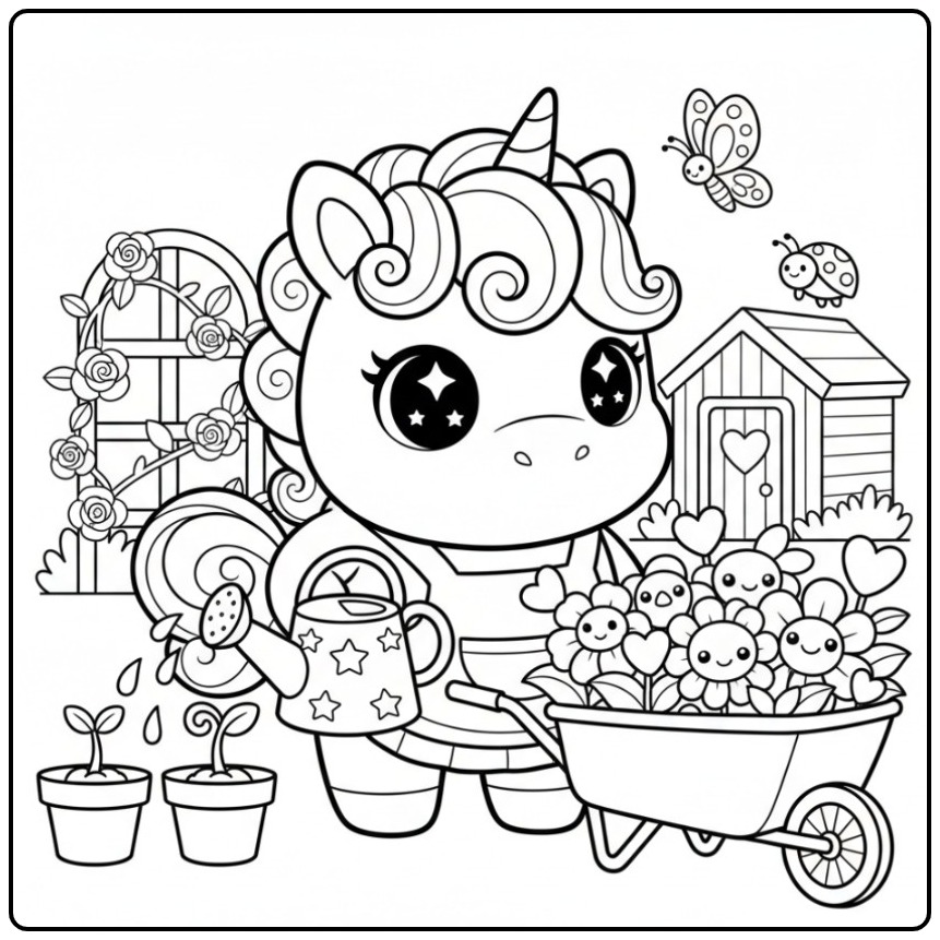 Jardinagem com um fofo kawaii unicórnio para colorir e regador.