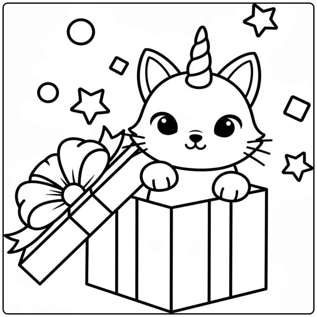 Um fofo gato unicórnio para colorir saindo de um presente.