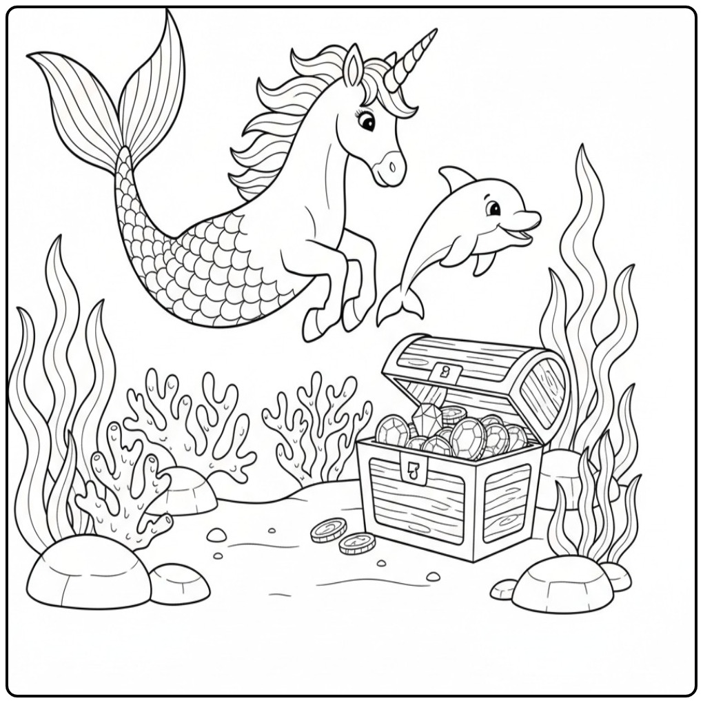 Cena submarina com um unicórnio sereia para colorir e golfinho.