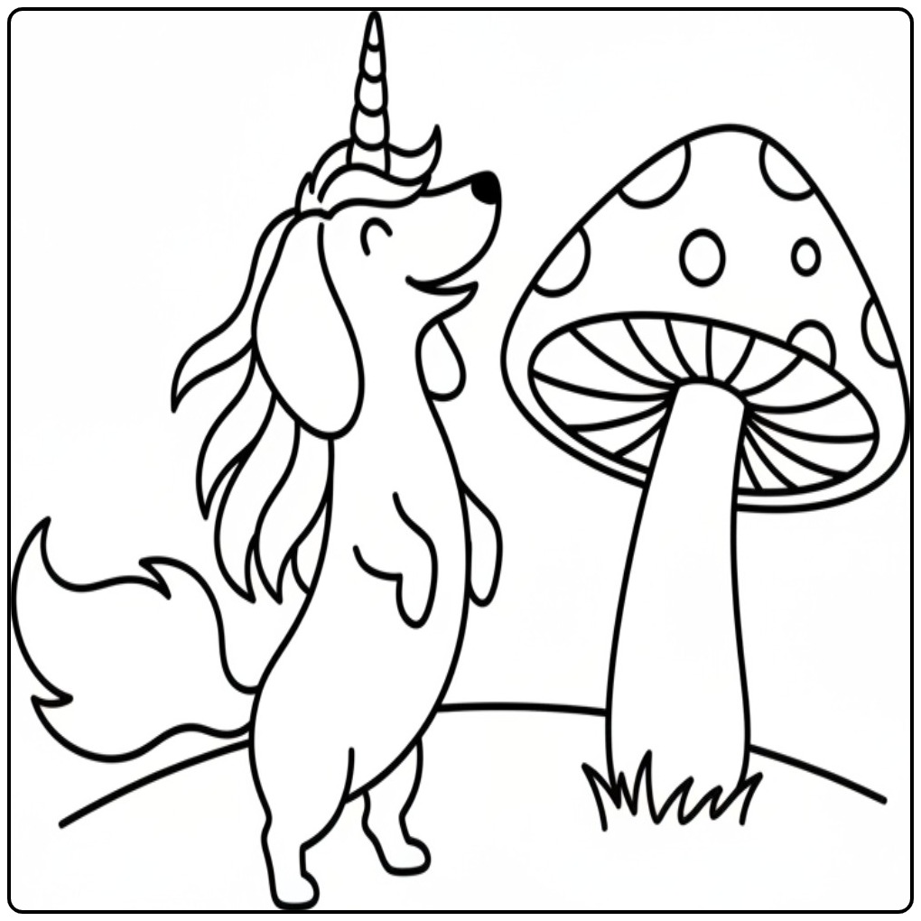 Um simpático cachorro unicórnio para colorir ao lado de um cogumelo.