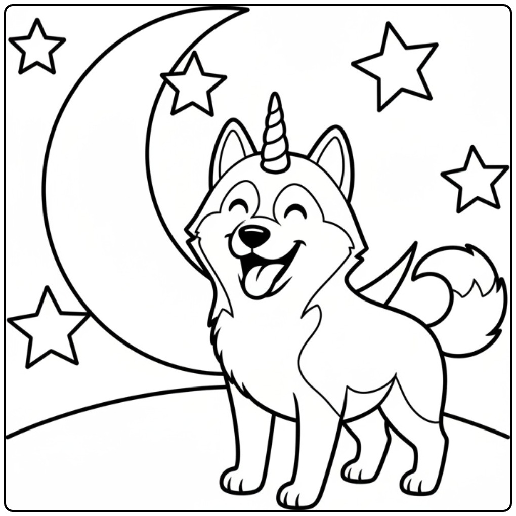 Fofinho cachorro unicórnio para colorir posando em frente à lua.