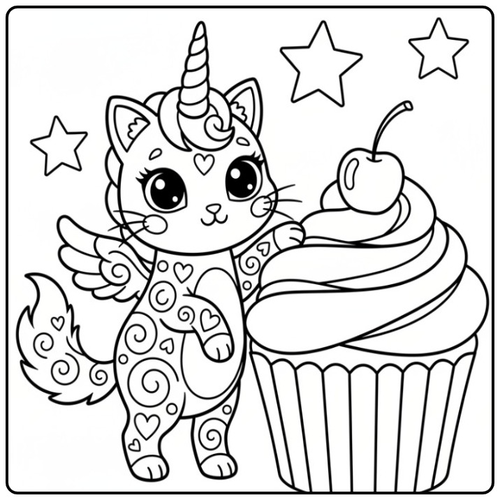 Um adorável gato unicórnio para colorir ao lado de um cupcake.