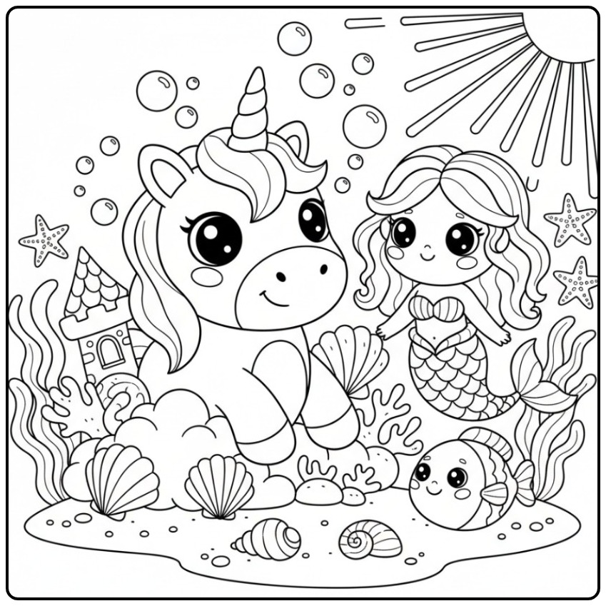 Uma cena mágica com um kawaii unicórnio para colorir no mar.