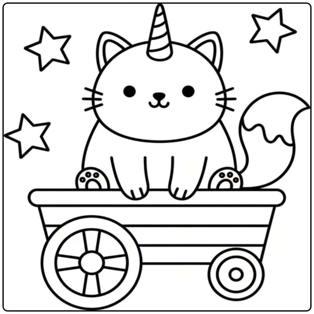 Desenho de um fofo gato unicórnio para colorir em um vagão.