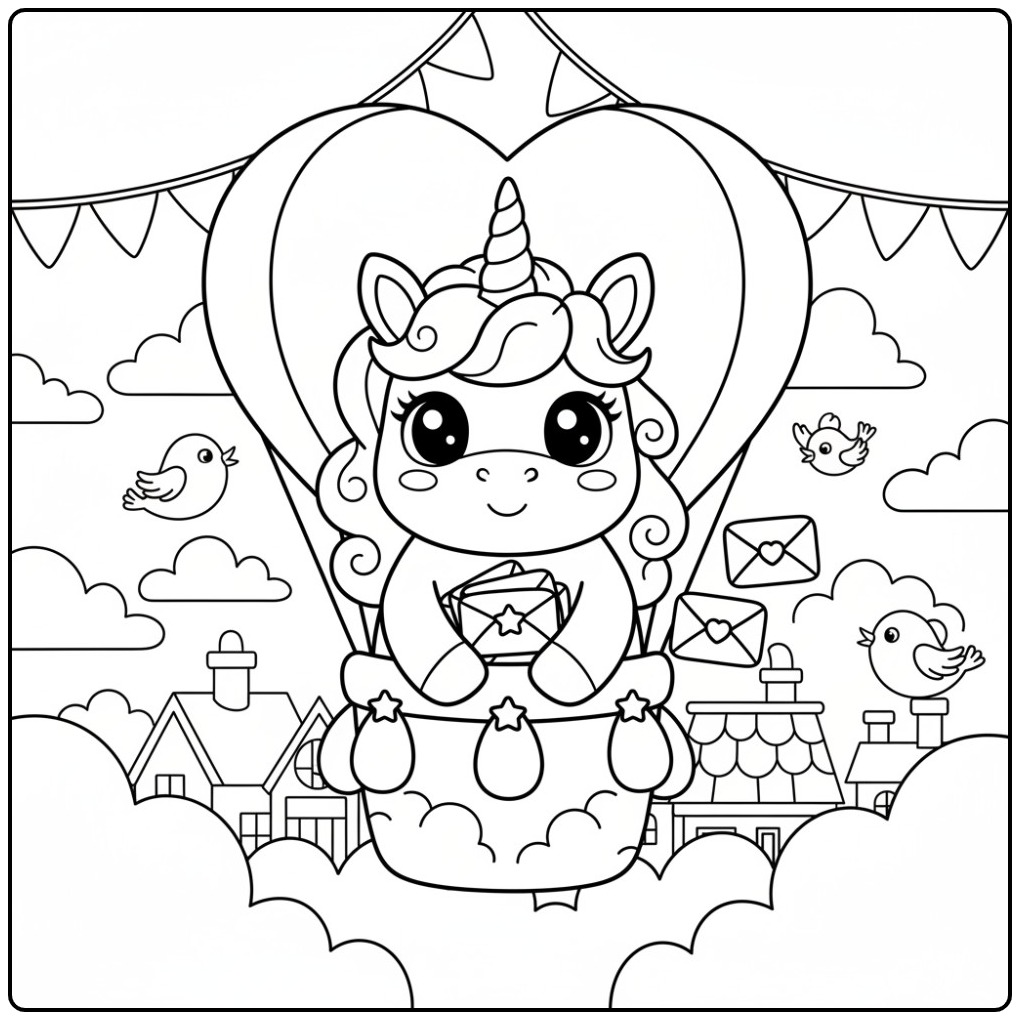 Um carteiro fofo, o kawaii unicórnio para colorir com cartas.