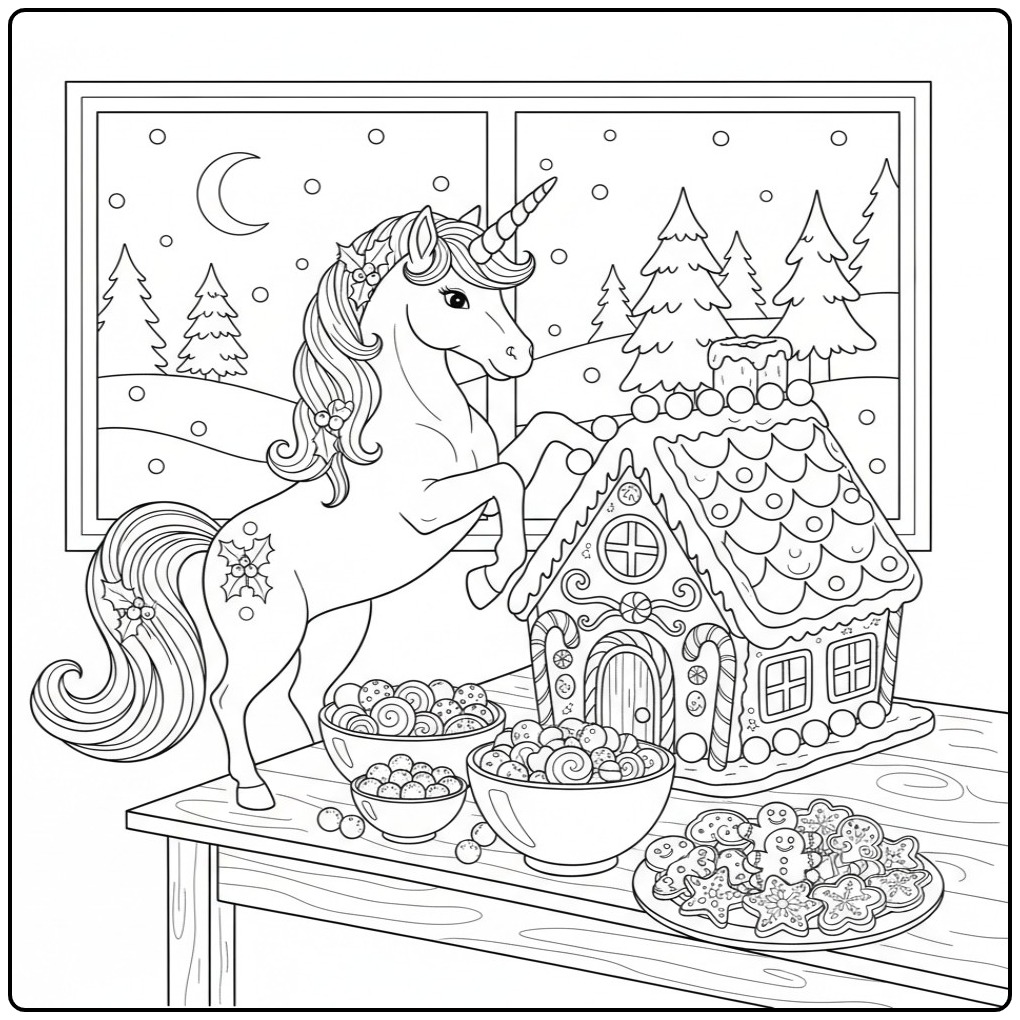 Cena de um unicornio de natal para colorir com casa de gengibre.