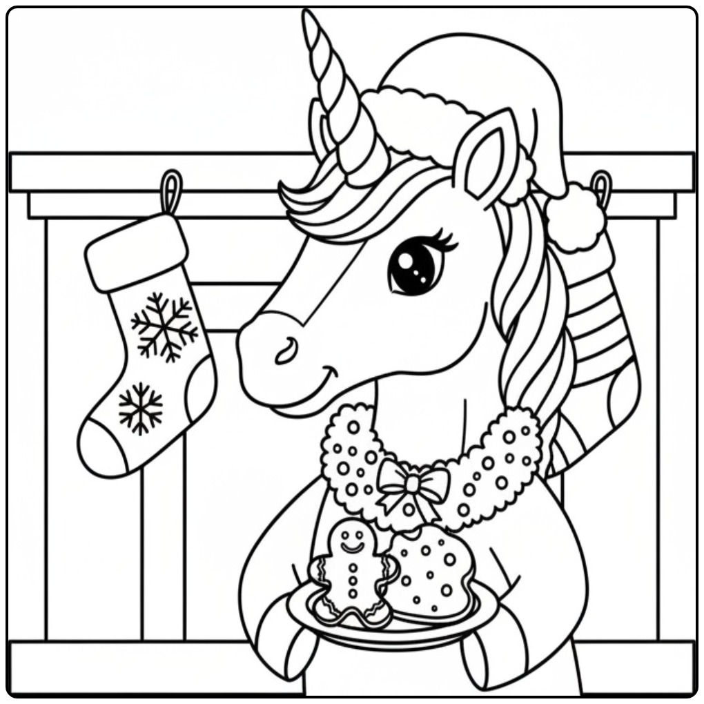 Um lindo unicornio de natal para colorir com biscoitos e meia.