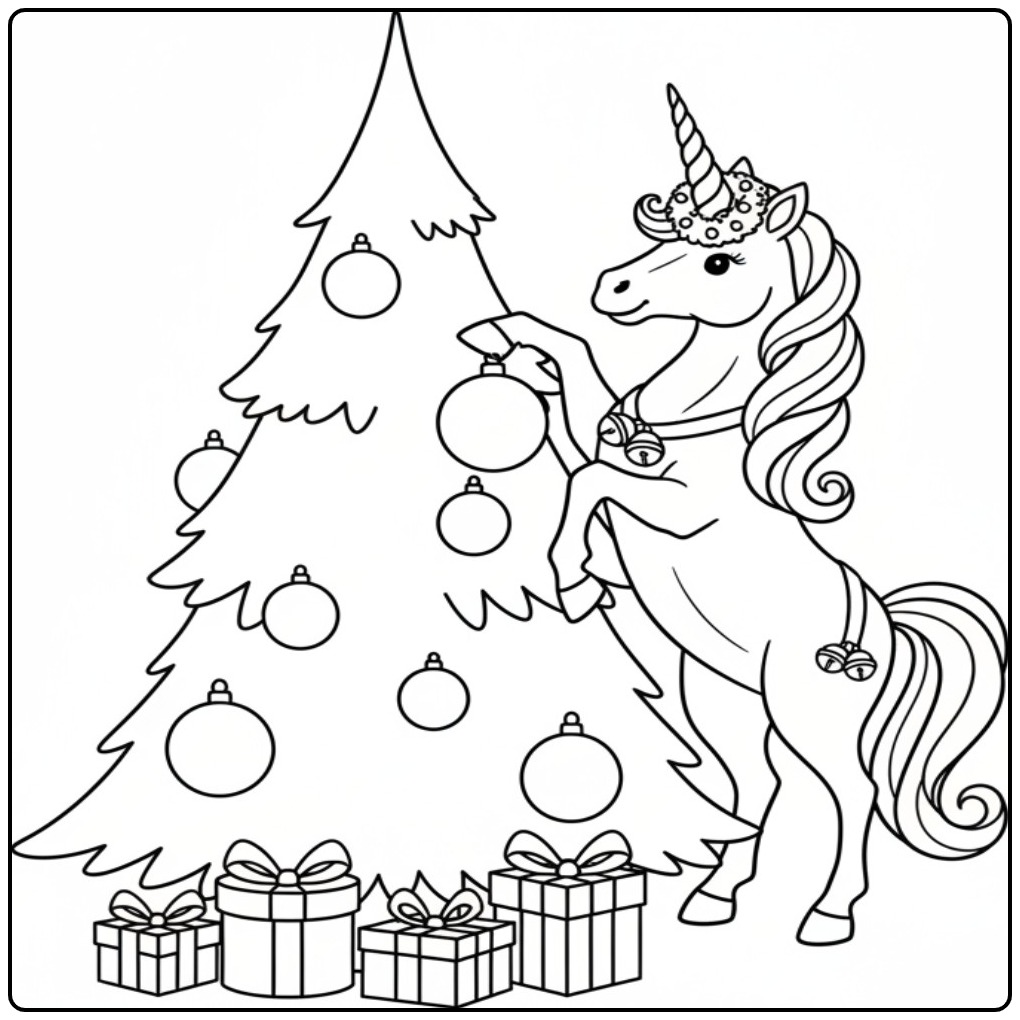 Um lindo unicornio de natal para colorir ao lado da árvore.