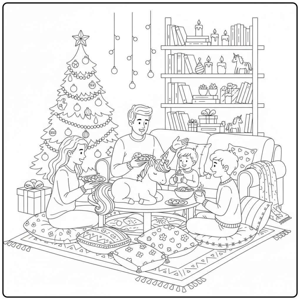 Uma família feliz e seu unicornio de natal para colorir na sala.