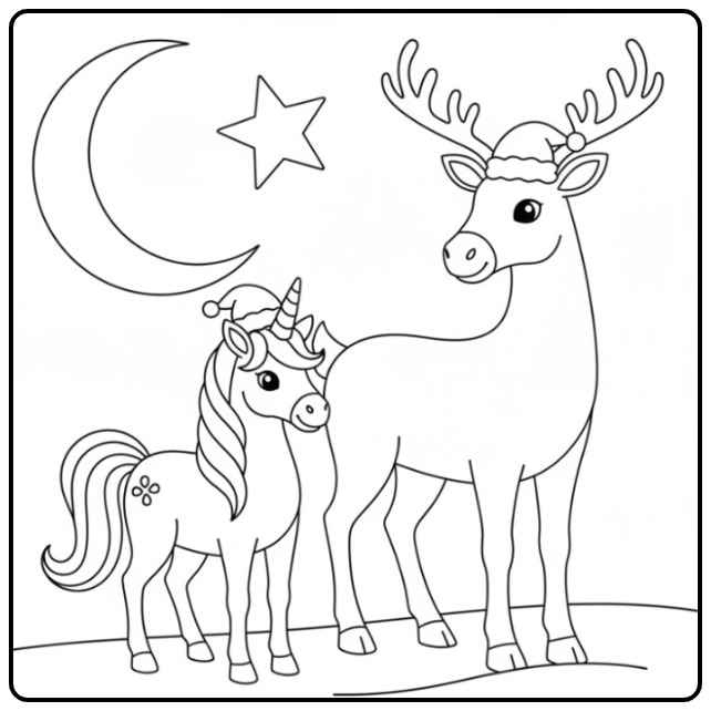 Página com um unicornio de natal para colorir e seu amigo rena.