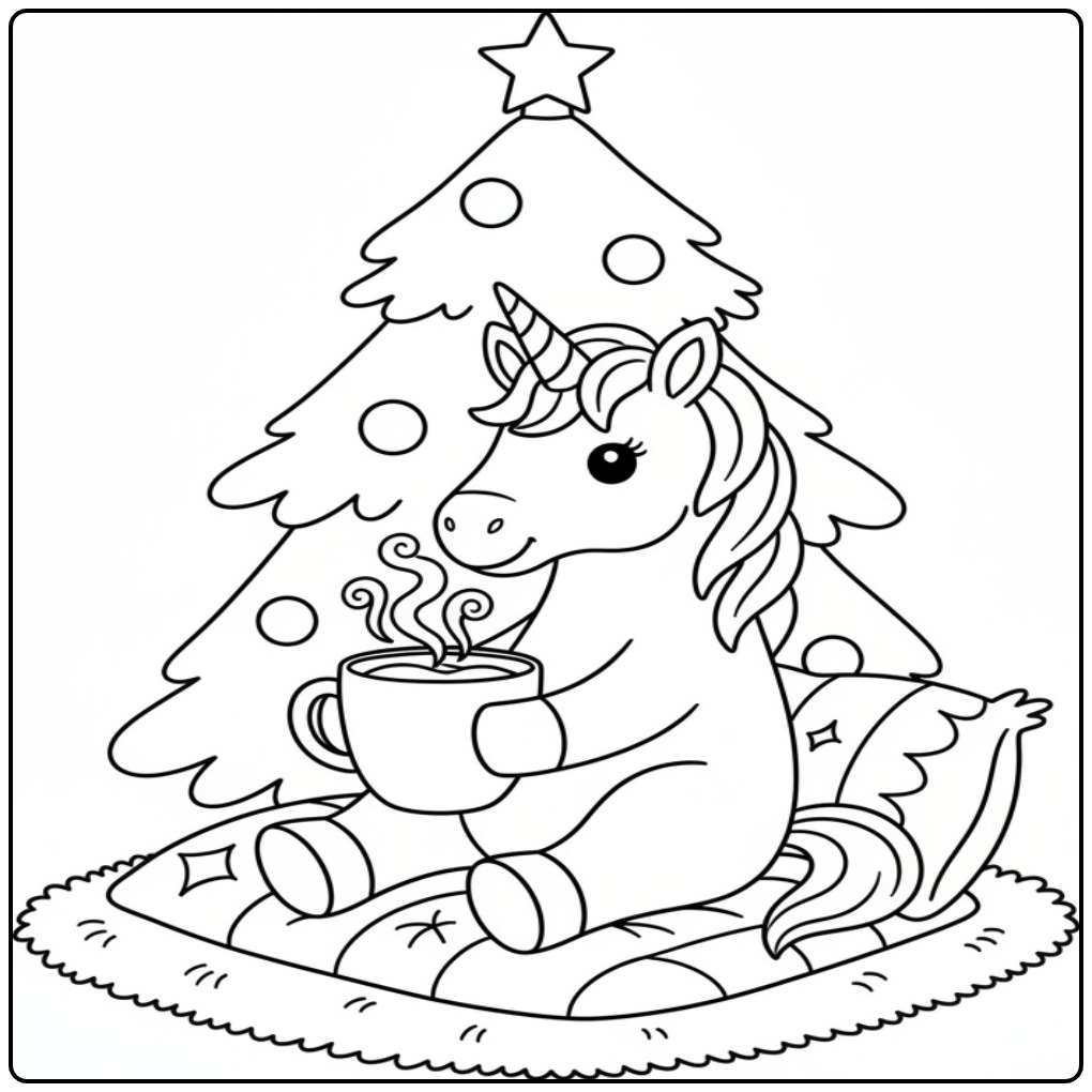 Lindo unicornio de natal para colorir tomando chocolate quente.