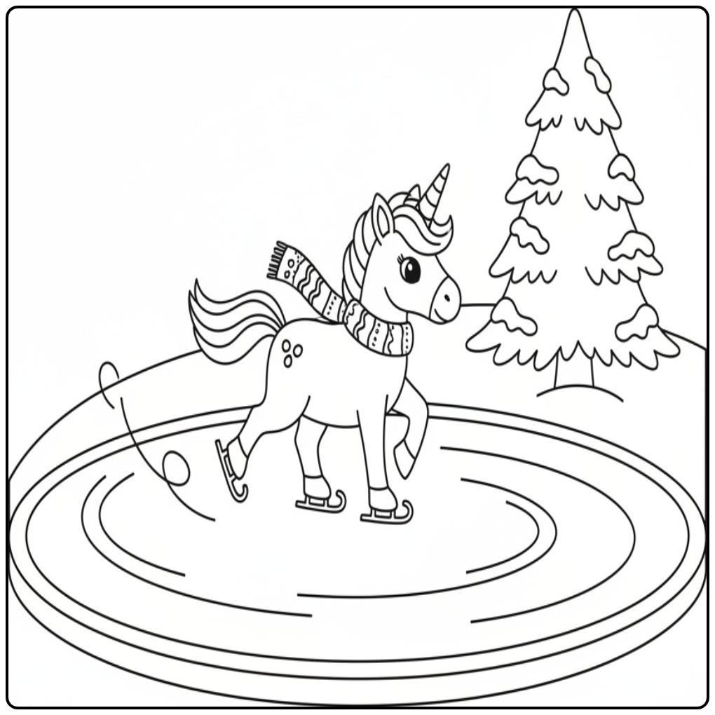 Um lindo unicornio de natal para colorir patinando no gelo.