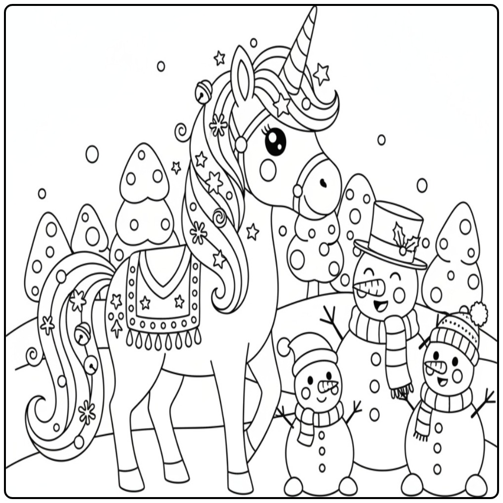 Um fofo Unicórnio de Natal e boneco de neve para colorir.