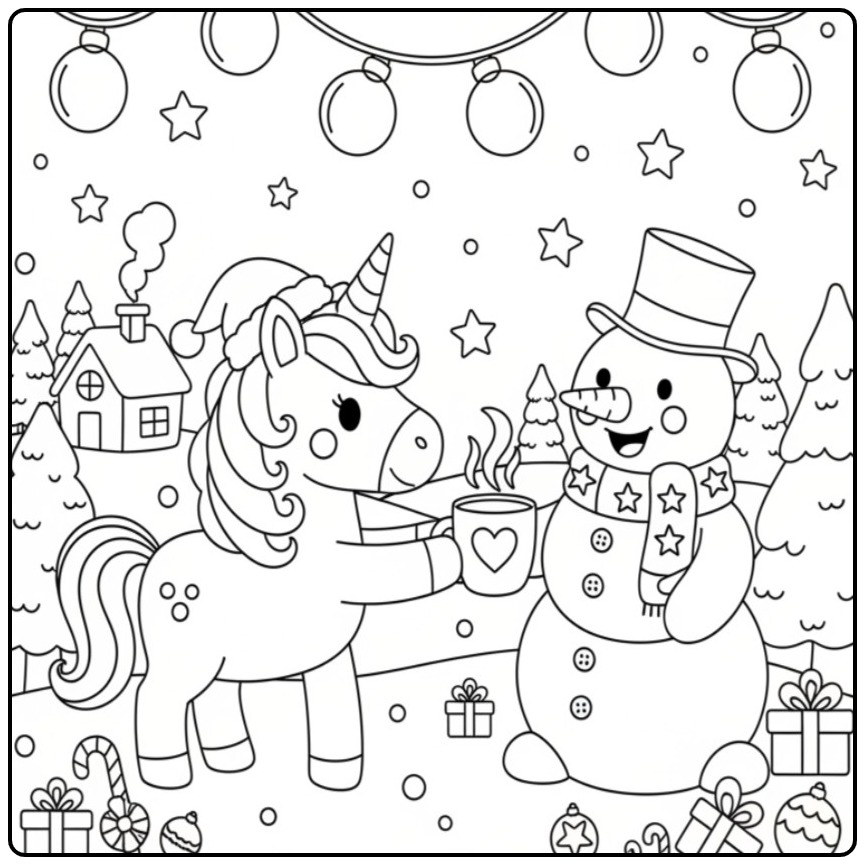 Cena fofa com um Unicórnio de Natal e boneco de neve para colorir.