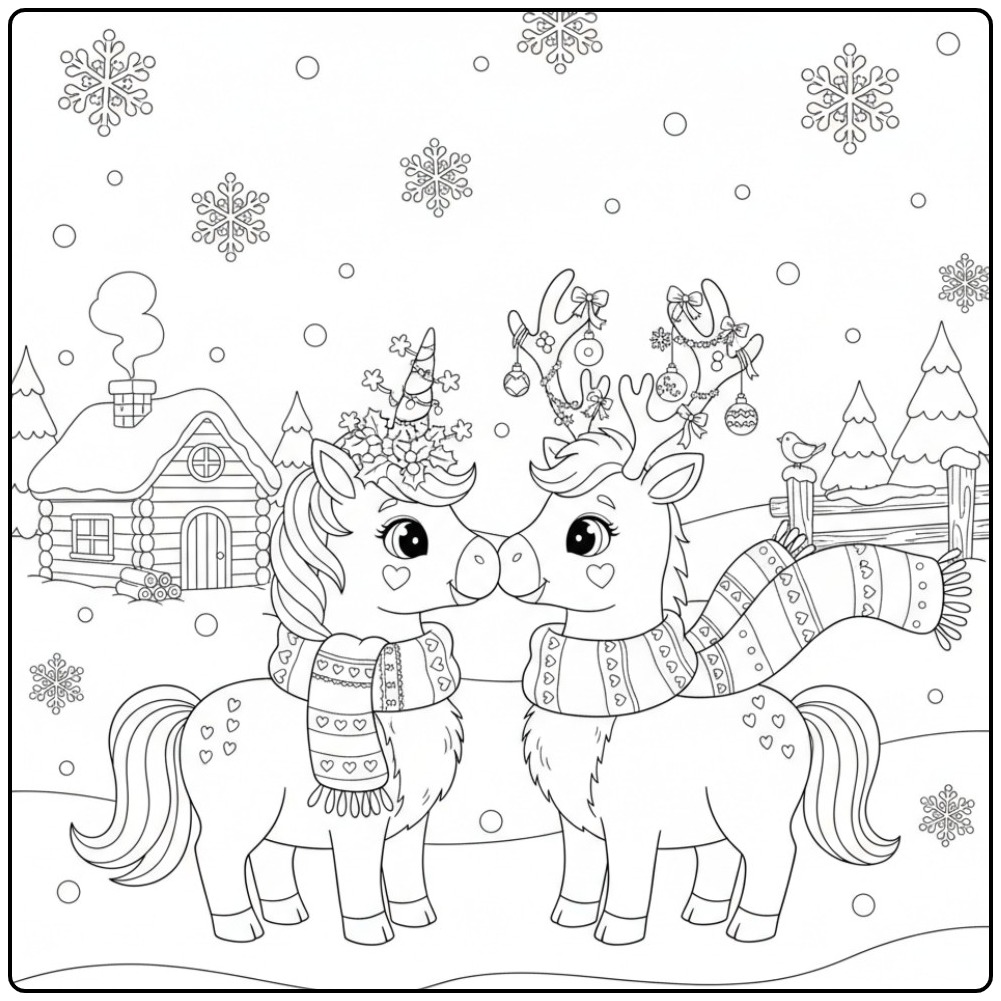 Cena de inverno com Unicórnio de Natal e rena para colorir