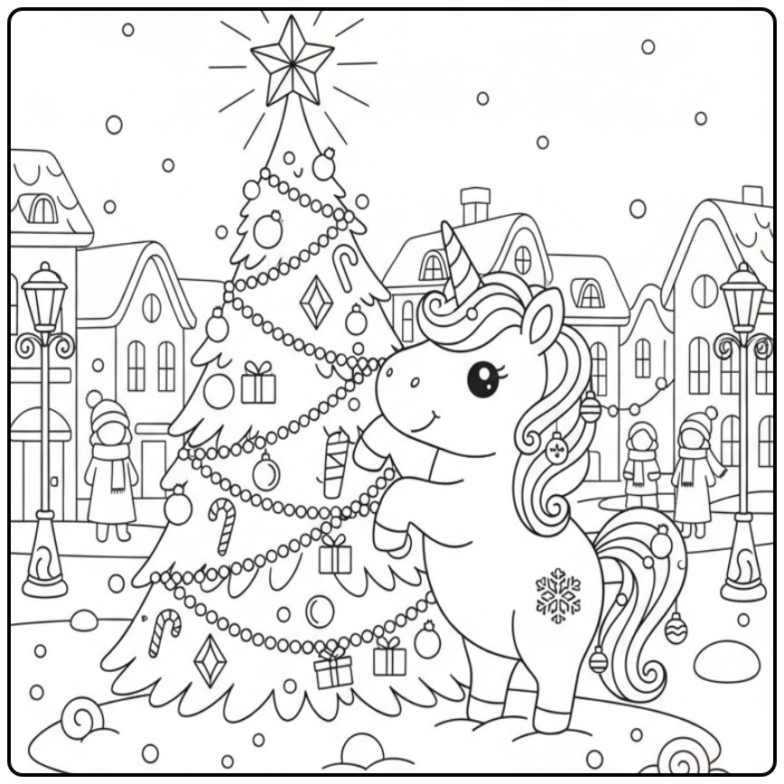 Um fofo Unicórnio de Natal e árvore de Natal para colorir.