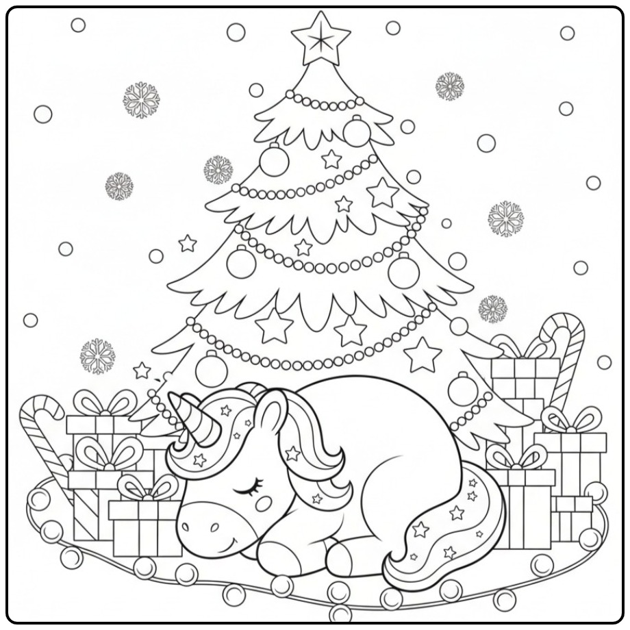 Um fofo Unicórnio de Natal e árvore de Natal para colorir.
