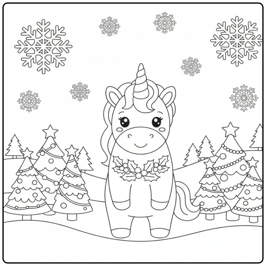 Cena com um Unicórnio de Natal e árvore de Natal para colorir