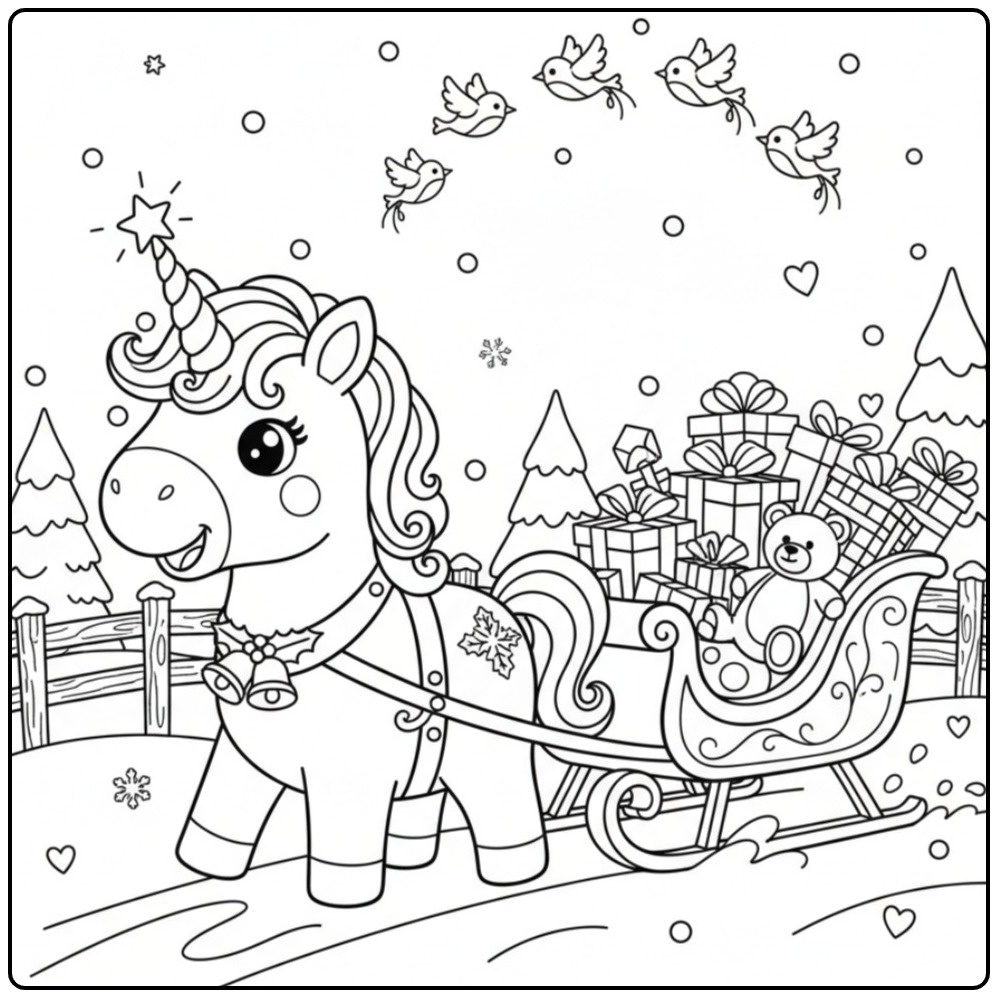 Unicórnio de Natal em passeio de trenó para colorir na neve.