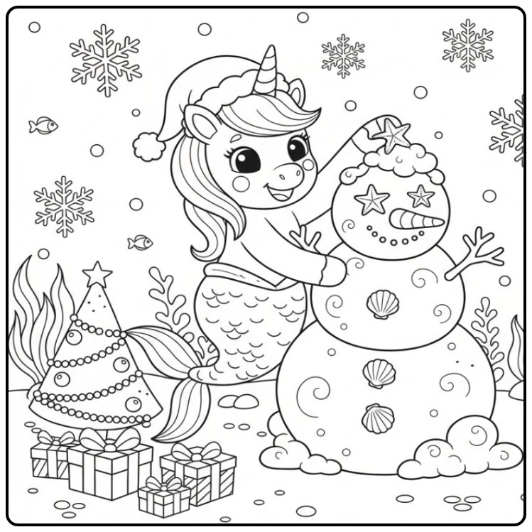 Lindo unicórnio sereia de Natal para colorir fazendo boneco de neve.