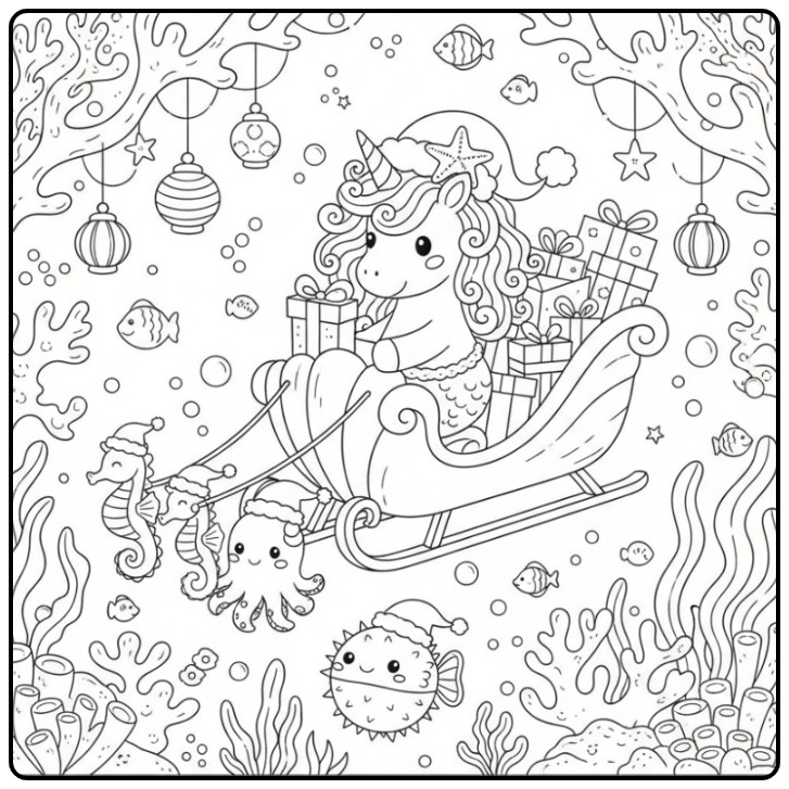 Lindo unicórnio sereia de Natal para colorir com seu trenó mágico.