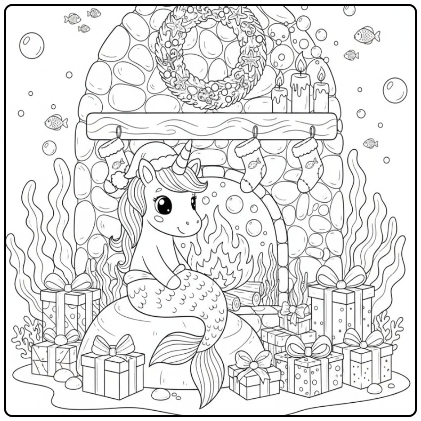 Um fofo unicórnio sereia de Natal para colorir e se divertir.