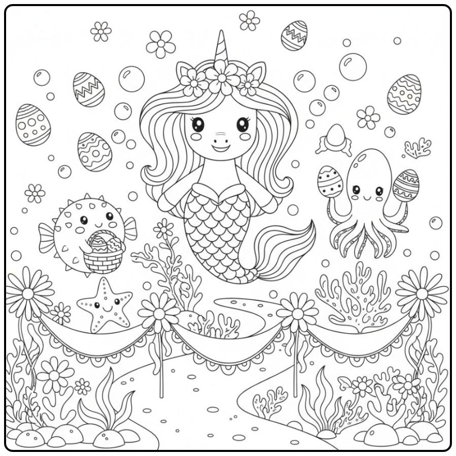 Amigos e um unicórnio sereia de Páscoa para colorir no mar
