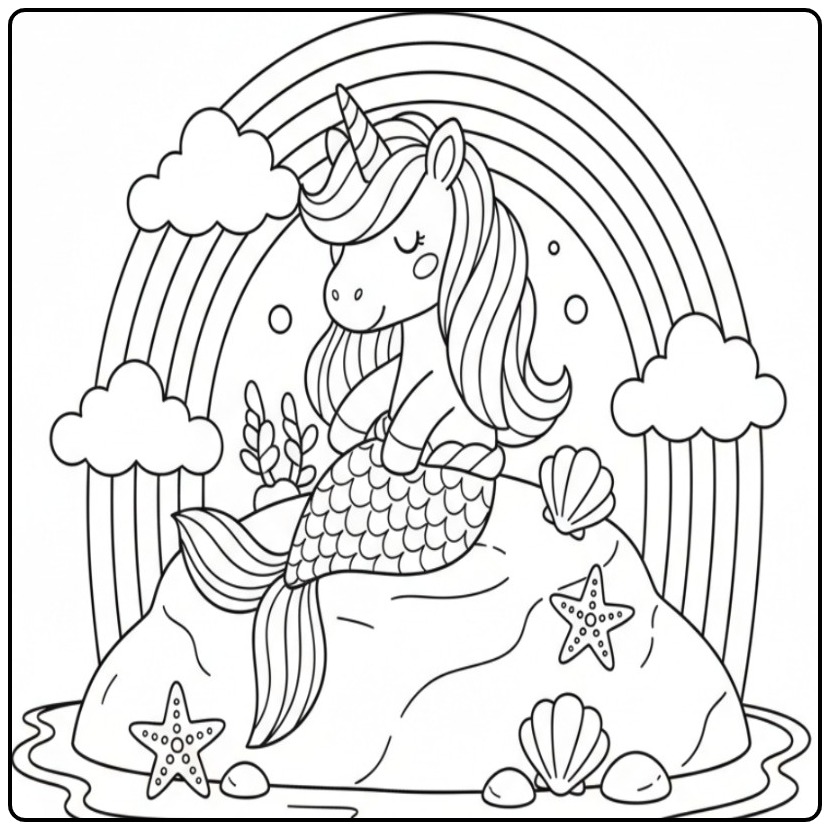 Desenho fofo de unicórnio sereia e arco-íris para colorir.