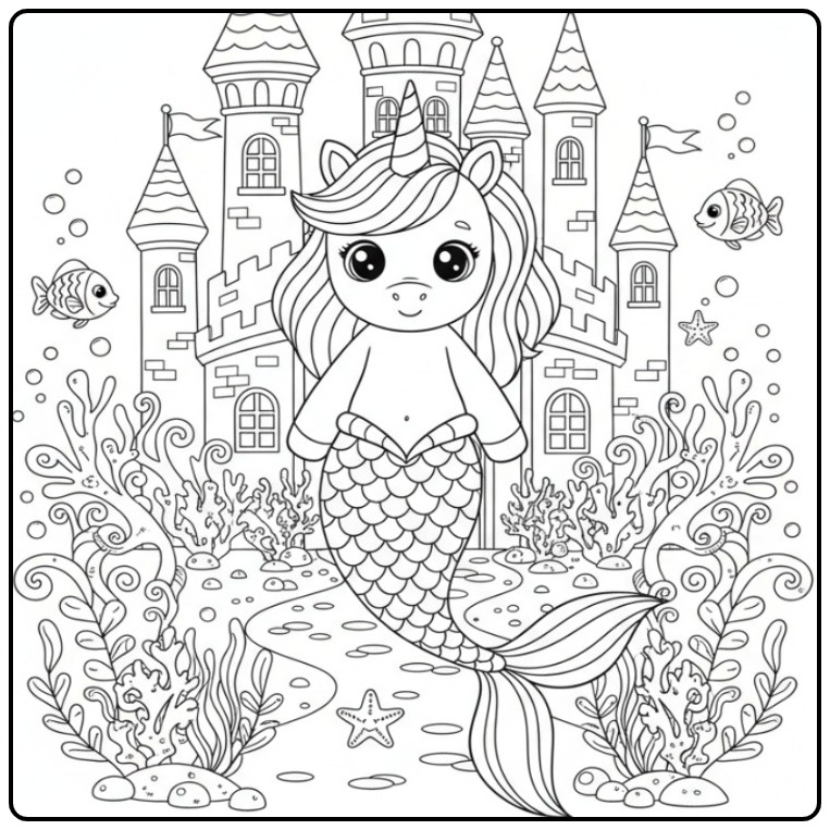 Lindo unicórnio sereia e castelo submarino para colorir.