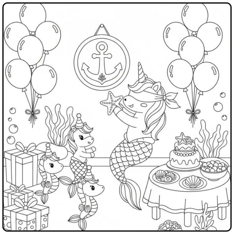 Cena divertida de um unicórnio sereia em festa de aniversário para colorir.