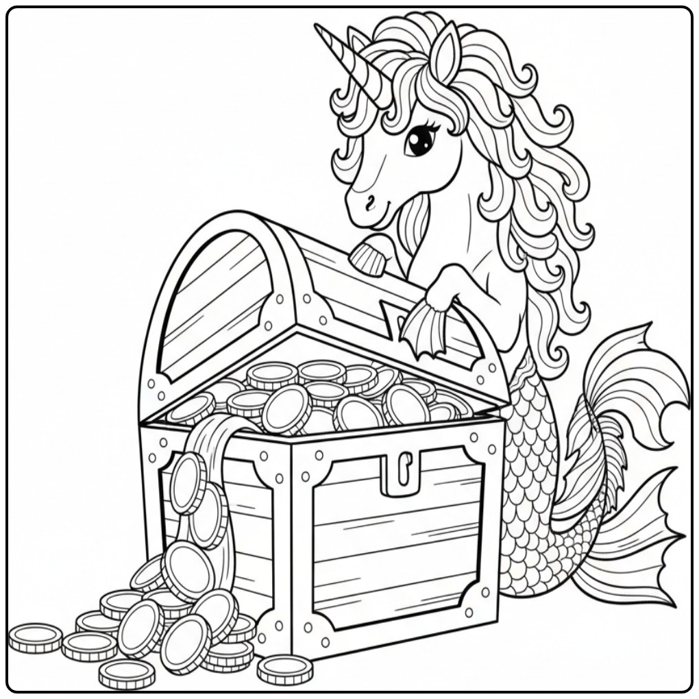 Um fofo unicórnio sereia para colorir com um baú de tesouro.