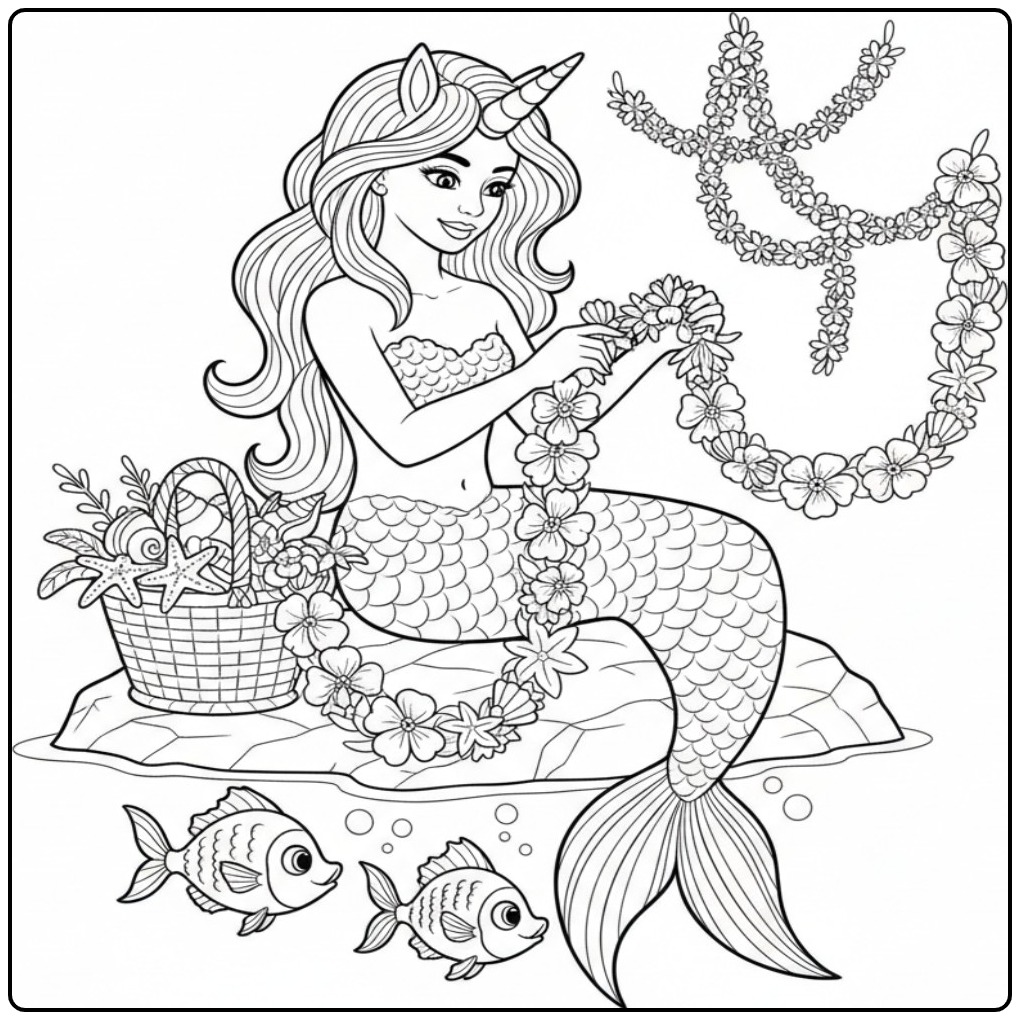 Uma linda unicórnio sereia para colorir tecendo flores.