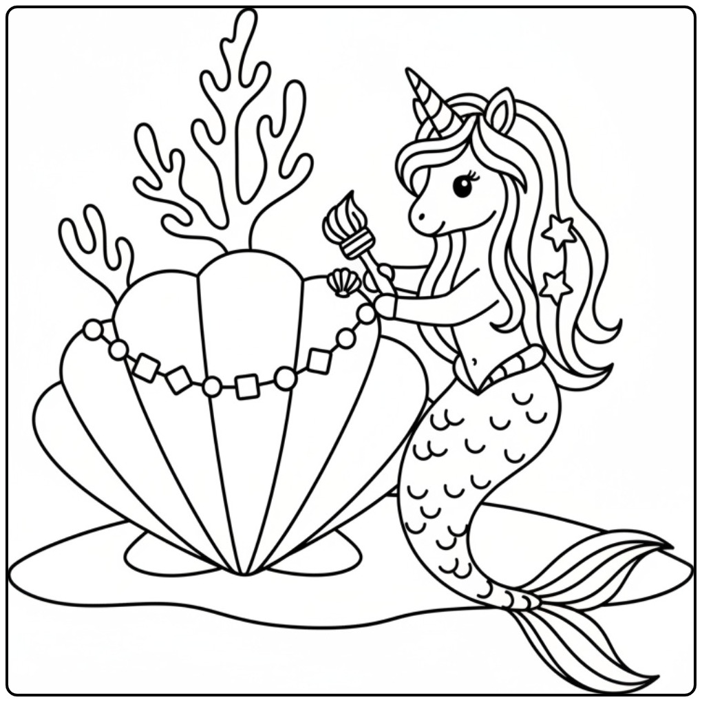 Desenho fofo de unicórnio sereia para colorir com uma concha.