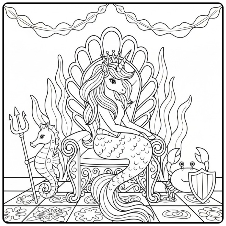 Uma majestosa unicórnio sereia para colorir sentada no trono.