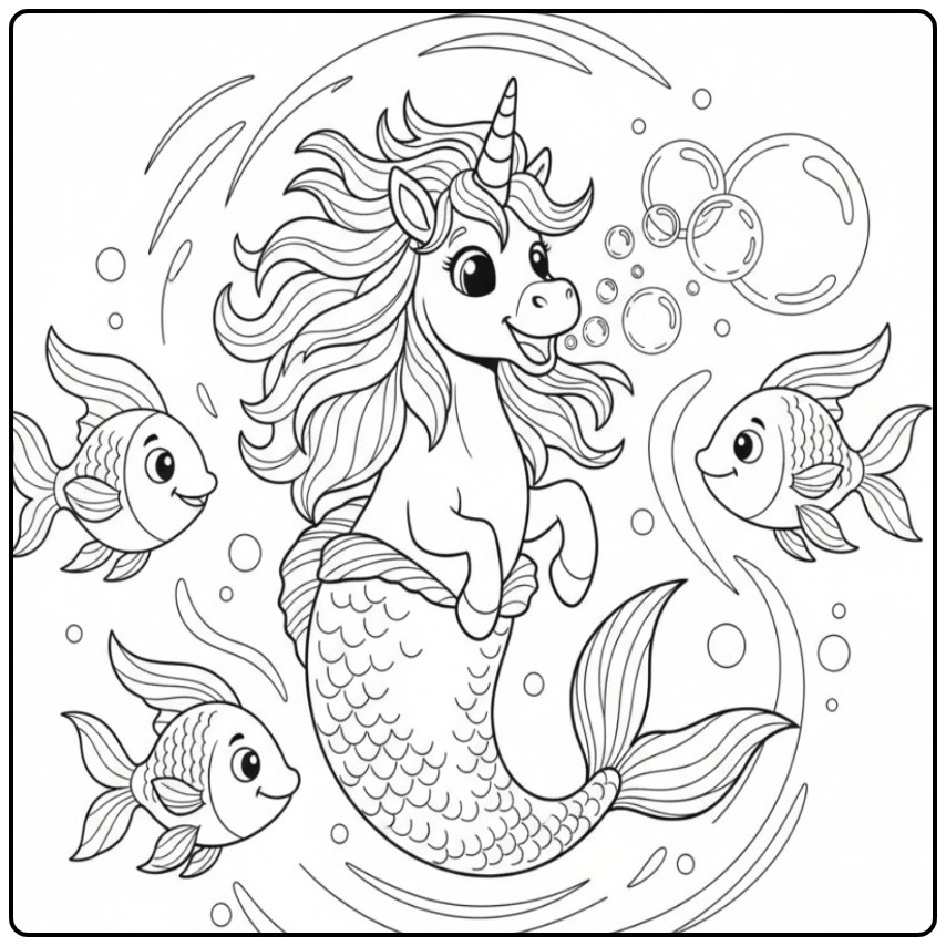 Um alegre unicórnio sereia para colorir nadando no oceano.