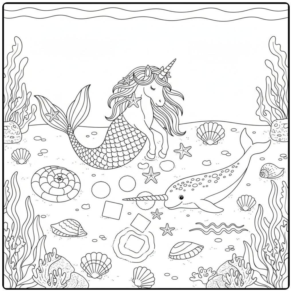 Cena submarina com um unicórnio sereia para colorir e um narval.