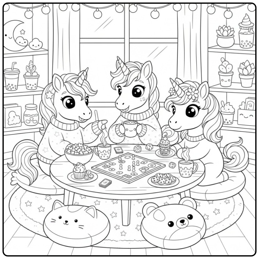 Noite de jogos aconchegante com um fofo kawaii unicórnio para colorir.