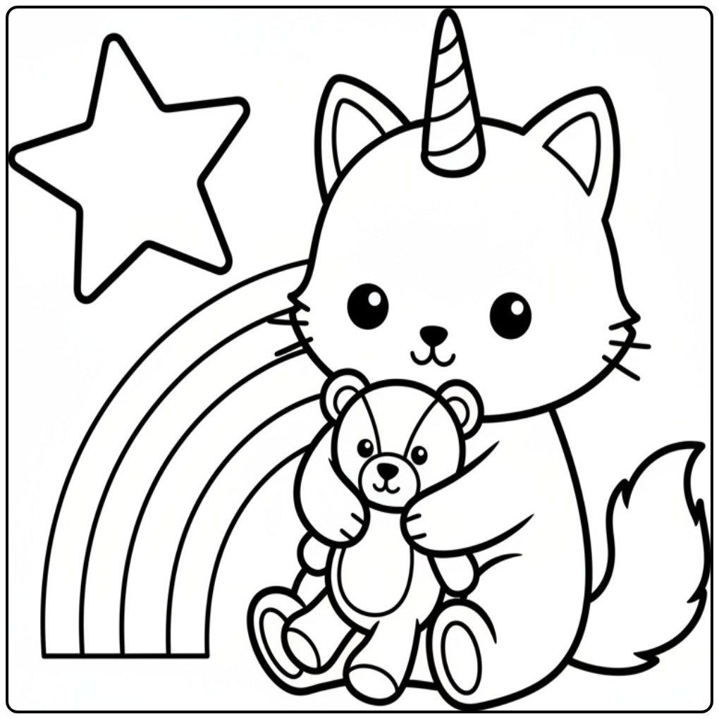 Um adorável gato unicórnio para colorir abraçando seu ursinho.